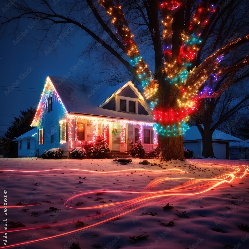 Enchanting Glow: Long Exposure Capture of Vibrant Christmas Lights, generative AI Enchanting Glow: Long Exposure Capture of Vibrant Christmas Lights, generative AI