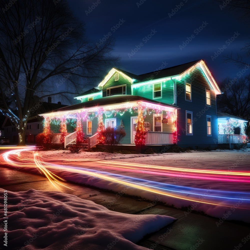 Enchanting Glow: Long Exposure Capture of Vibrant Christmas Lights, generative AI Enchanting Glow: Long Exposure Capture of Vibrant Christmas Lights, generative AI