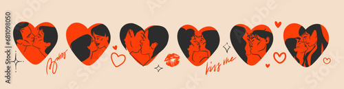 Hand drawn vector abstract graphic illustration Valentines day design,with drawing kissing couple in heart silhouette.Love couple kissing,couple together.Valentines day love beautiful design concept.