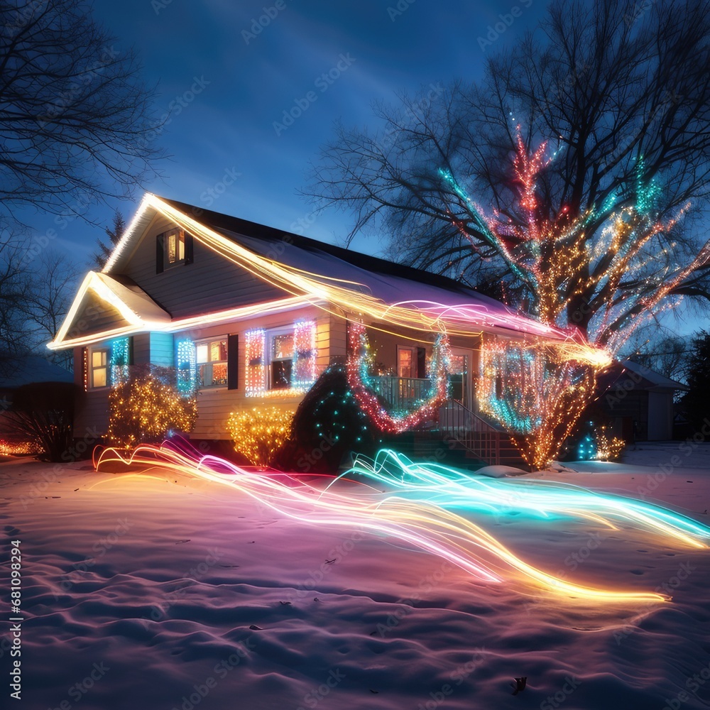 Enchanting Glow: Long Exposure Capture of Vibrant Christmas Lights, generative AI Enchanting Glow: Long Exposure Capture of Vibrant Christmas Lights, generative AI