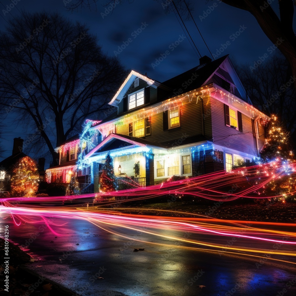 Obraz premium Enchanting Glow: Long Exposure Capture of Vibrant Christmas Lights, generative AI
