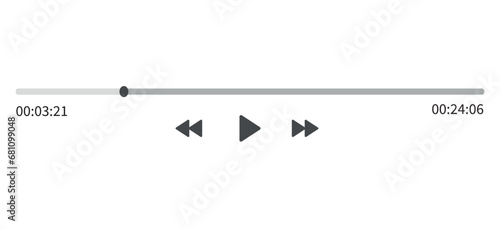Video play bar display interface. Audio player progress for podcast, misic, radio. Vector slider, play, rewind buttons jn white background