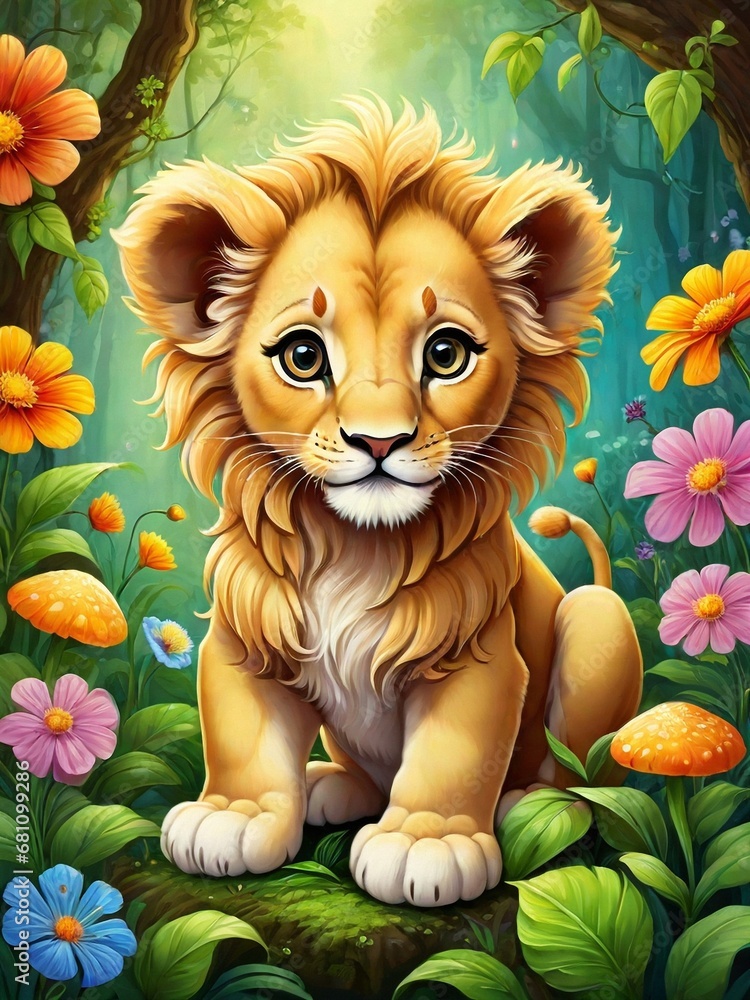 Painting of a cute baby lion in the forest