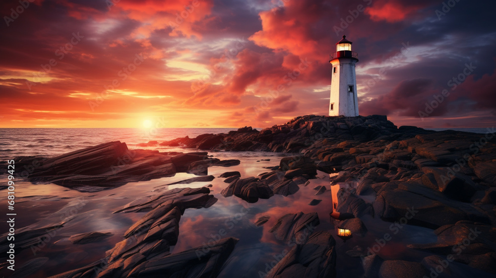 lighthouse at sunset in the beach
