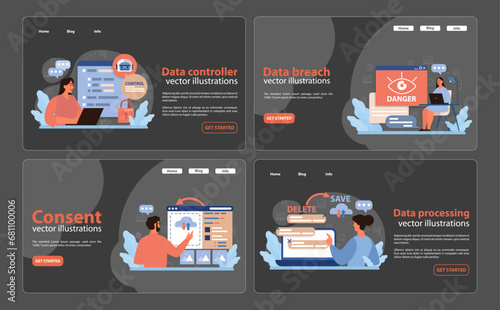 Data protection set. Safeguarding digital information, woman interacting with controller panel. Alert on data breach, male approving user access. Ensuring user consent, handling data efficiently.