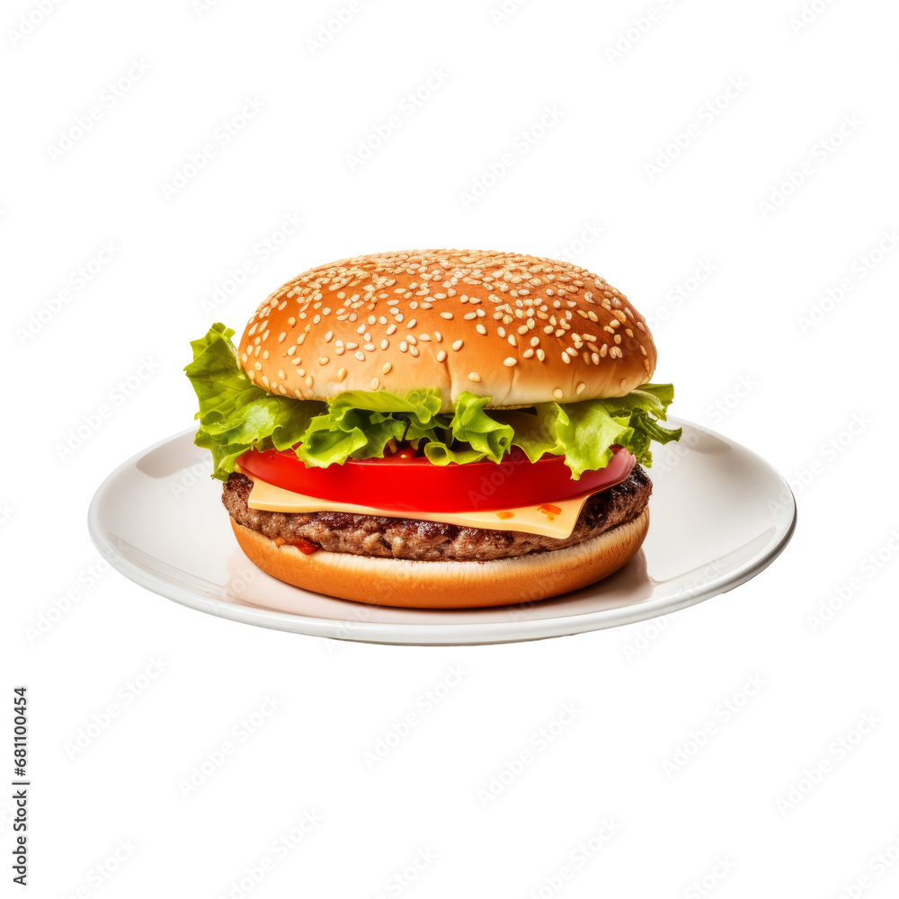 Burger on white plate isolated on transparent background. Ai generated.