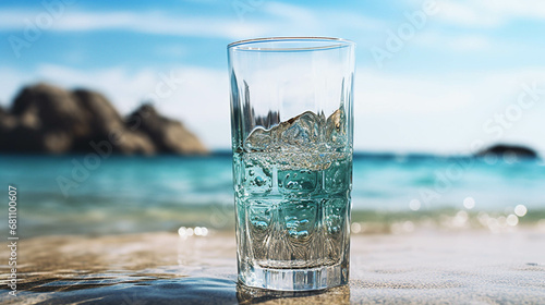 Glass of water with a blurred beach background