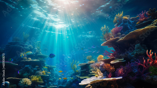 Underwater world with corals and tropical fish. Sunlight breaks through the surface of the water. © Karim Boiko
