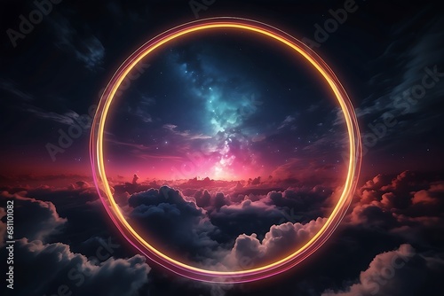 Abstract background with glowing neon circle in the night sky and clouds