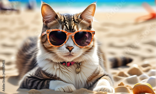 A cute cat in sunglasses is sitting on the beach sand. Generative AI