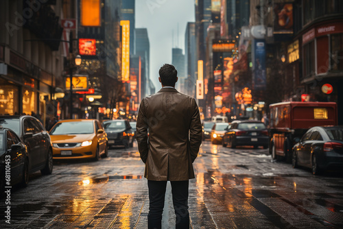 Businessman standing on road with night city