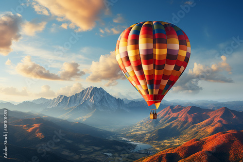 Hot air balloon flying over in the mountain with blue sky background
