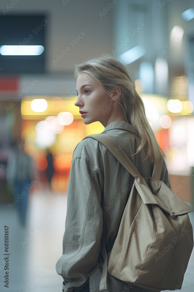 the back of a woman walking through the city with a backpack. generative AI the back of a woman walking through the city with a backpack. generative AI