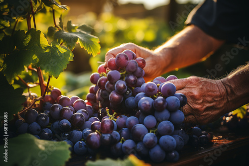 Gardener picking fresh grape during wine harvest