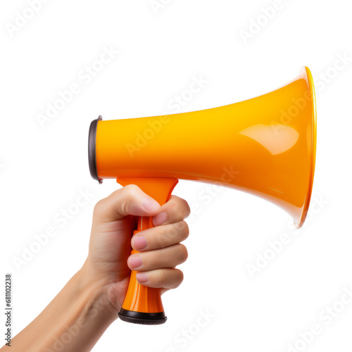 Hand holding megaphone isolated on transparent background. AI generated.