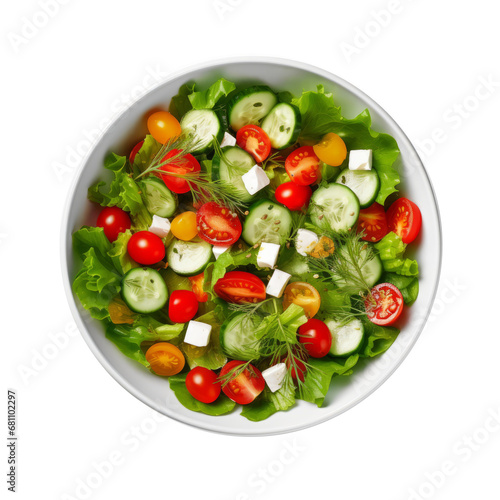 Fresh salad in a bowl top view isolated on transparent background. AI generated.
