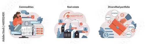 Investment strategies set. Woman analyzing commodities, growth in real estate, and managing a diversified portfolio. Commodities trading, real estate growth and diversified assets. Flat vector