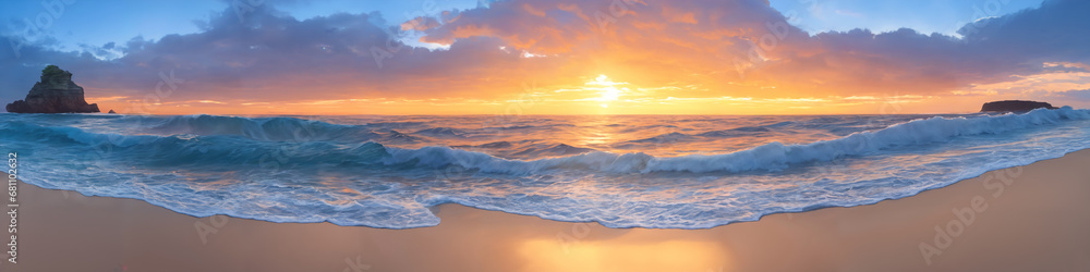 Panorama of a sunset over the ocean with waves crashing on the shore and a lone rock in the water. Seascape illustration with sand beach, cloudy sky and setting sun. Generative AI