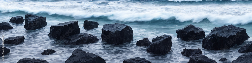 Panorama of ocean waves crashing on a rocky shore and big stones in the foreground in the water. Seascape illustration. Generative AI Panorama of ocean waves crashing on a rocky shore and big stones in the foreground in the water. Seascape illustration. Generative AI