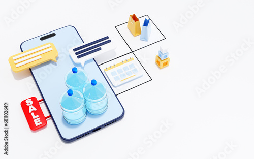 Bottled water delivery service, mobile app concept, 3d render