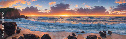 Panorama of a sunset over the ocean with waves crashing on the shore  rocks in the water  big stones in the foreground. Seascape illustration with sand beach  cloudy sky and setting sun. Generative AI