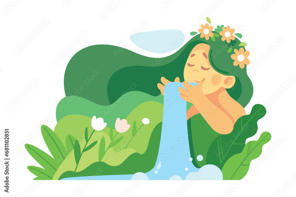 Ecology with Woman Character with Green Hair and Waterfall as Sustainable Lifestyle Vector Illustration Ecology with Woman Character with Green Hair and Waterfall as Sustainable Lifestyle Vector Illustration