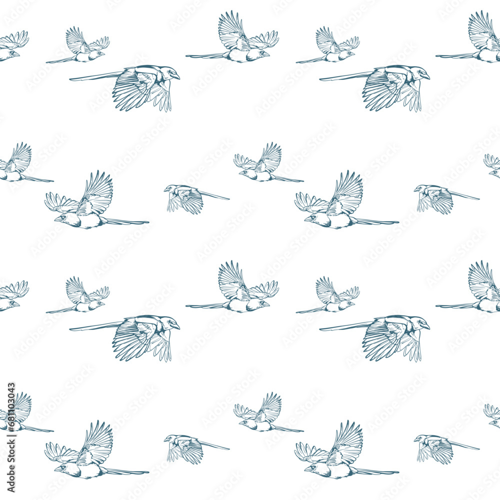 A flock of magpies on a white background. Birds vector illustration. Seamless pattern. A flock of magpies on a white background. Birds vector illustration. Seamless pattern.