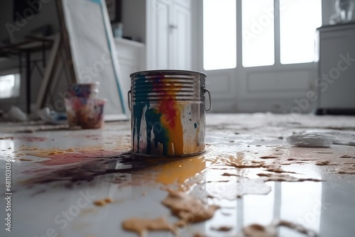 a metal can of paint in the house where repairs are underway