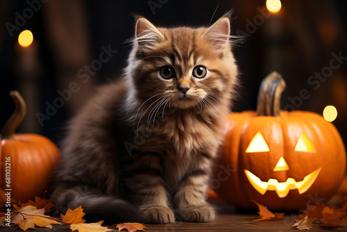 Little cat and pumpkin on Halloween day © Inlovehem