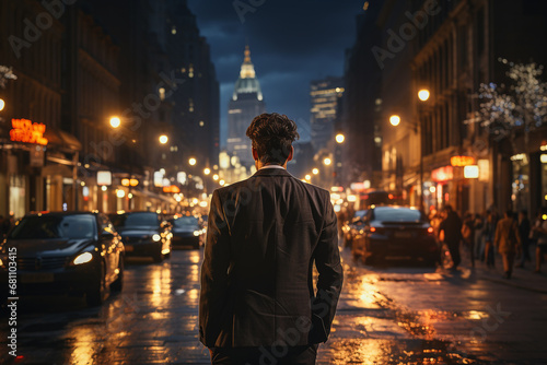 Businessman standing on road with night city