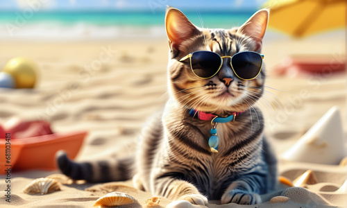 A cute cat in sunglasses is sitting on the beach sand. Generative AI photo