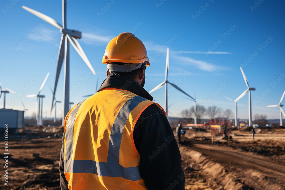 Engineer walking around check wind turbine power with blue sky background Engineer walking around check wind turbine power with blue sky background