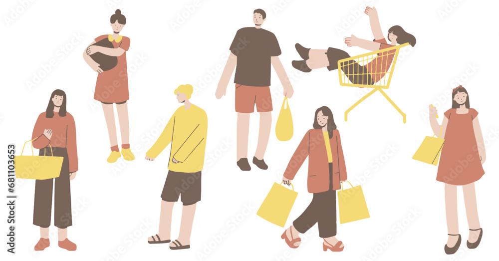 flat design of man and woman in a shopping activity. simple cartoon.