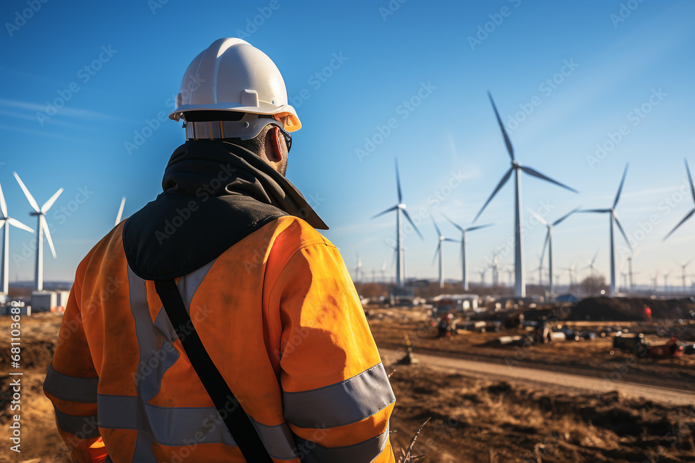 Engineer walking around check wind turbine power with blue sky background