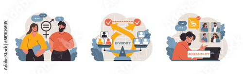 Inclusion in action set. Colleagues discussing gender equality, workplace diversity visualization, and online accessibility solutions. Communication, equality, digital tools. Flat vector illustration