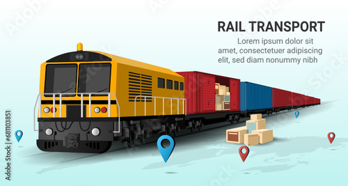 Rail transportation with container. Locomotive, Global delivery logistics, online order, Train delivery, Cargo export or import, Warehouse. Container Cargo Train. 3D Perspective Vector illustration
