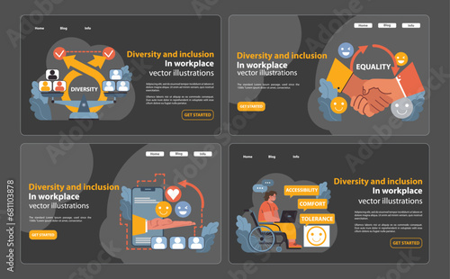Diversity and inclusion set. Promoting unity in the workplace. Integration of different backgrounds, ensuring equality, and providing accessibility for all. Embracing all abilities and talents. vector