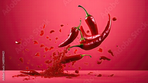 a group of red peppers falling into the air on a pink