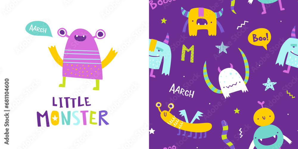 Seamless cute pattern set with little monsters for baby. Abstract vector print with stylized monsters for kids textile.