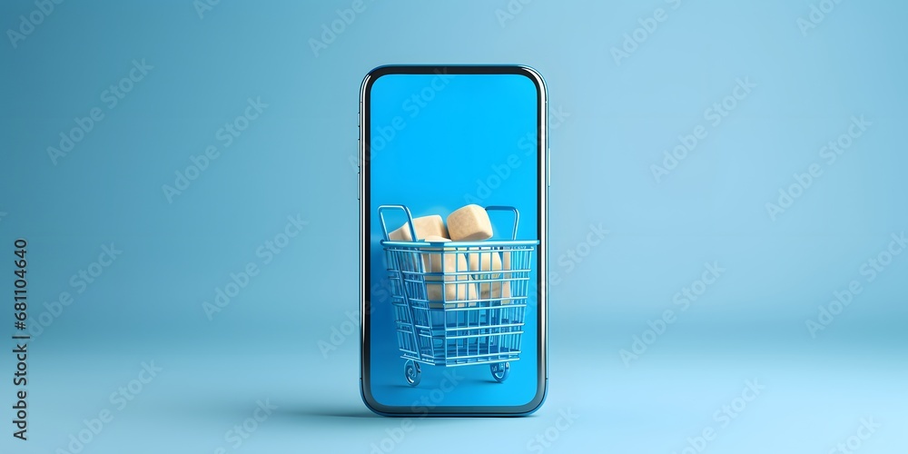 Online store on screen mobile phone with basket. Web Mockup for shopping and purchases. Banner template with empty copy space for promotion. 3D Rendering. Blue Online store on screen mobile phone with basket. Web Mockup for shopping and purchases. Banner template with empty copy space for promotion. 3D Rendering. Blue