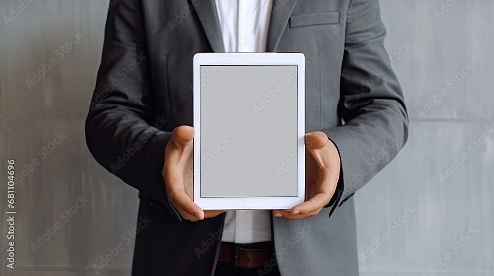 Businessman demonstrates a vertical blank tablet screen on a gray background Businessman demonstrates a vertical blank tablet screen on a gray background