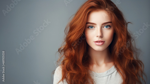  red hair and freckles woman with open eyes t. Beautiful portrait woman, advertising skin isolated on dark gray background,