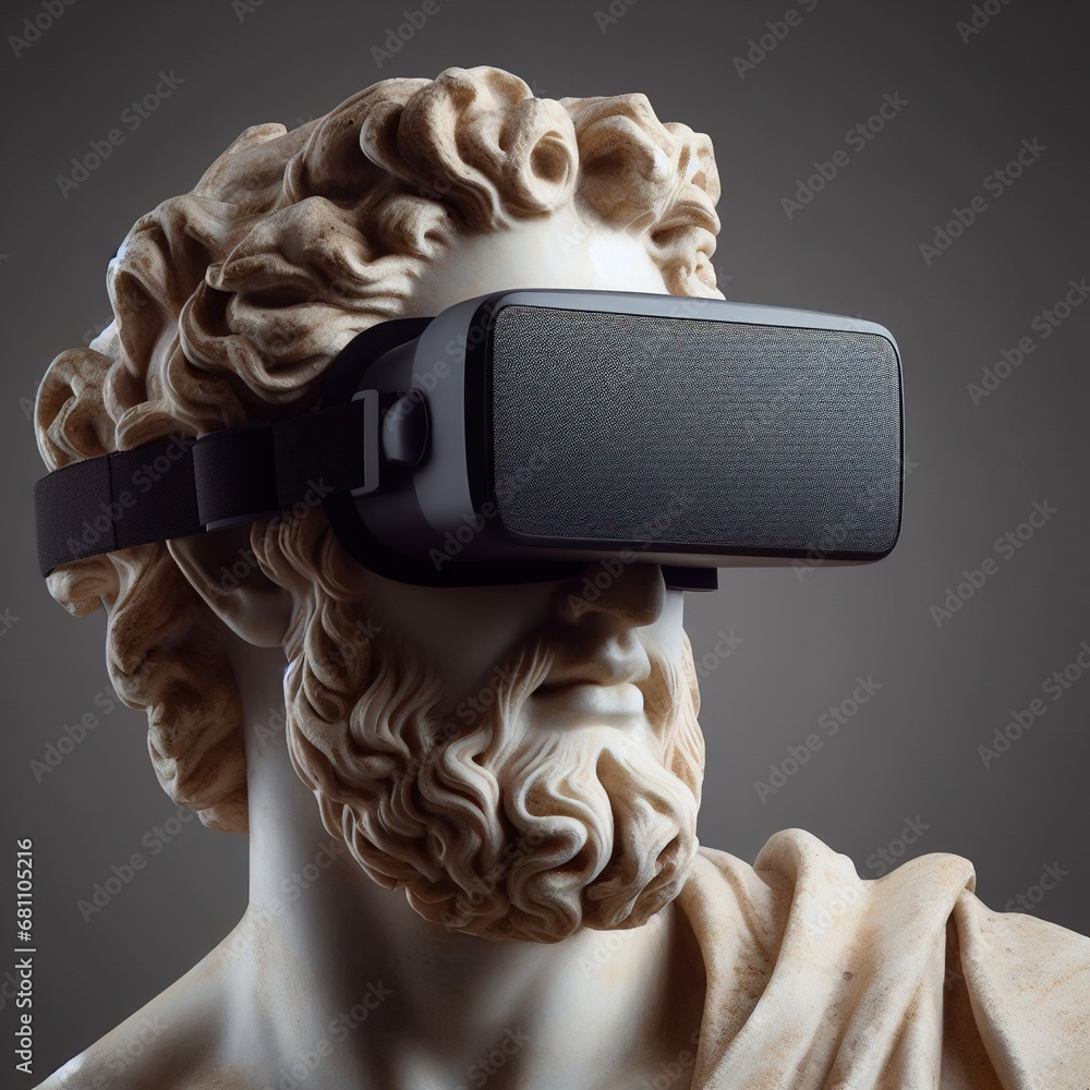 Escultura griega con unas gafas de realidad virtual VR - obrazy, fototapety, plakaty 