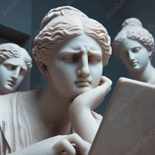 Esculturas griegas mirando un portátil