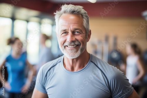Elderly man smiling in the gym by Generative AI