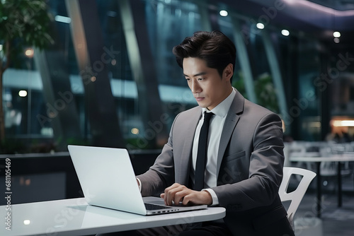 Successful male businessman of Asian appearance in a business suit works at a laptop. Generative AI © boval