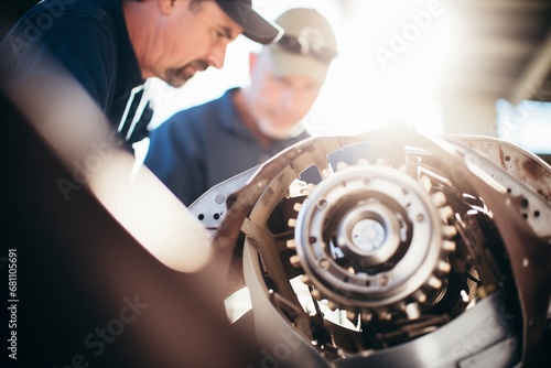 Two male mechanics working together on complex machinery parts in a workshop.