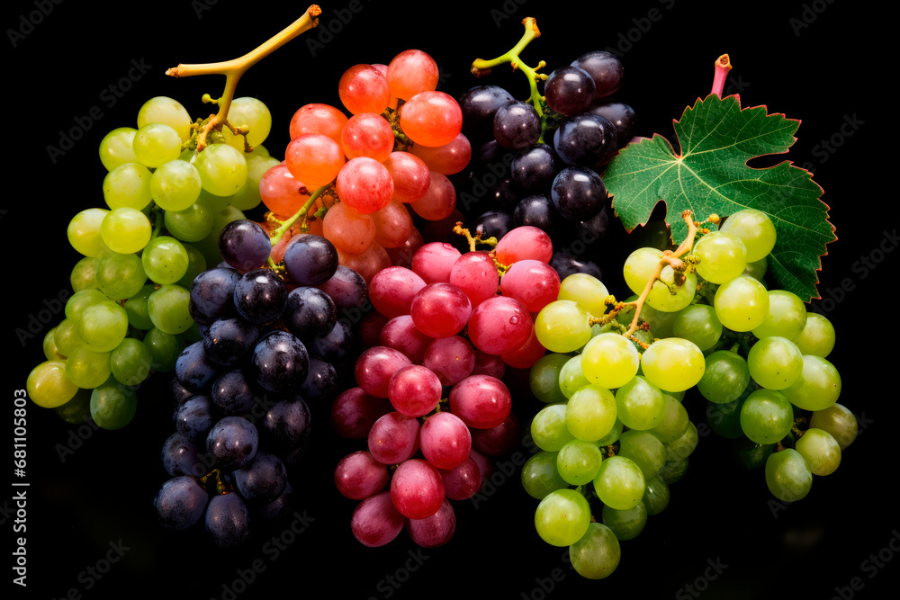 different types of grapes of various colors isolated on black background