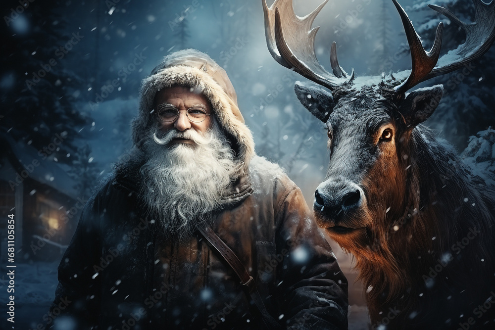 Santa claus smile with reindeer at night ,snowy background