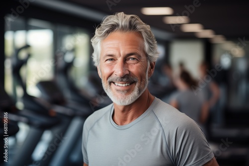 Elderly man smiling in the gym by Generative AI photo